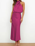 Momentlover Solid Color Sleeveless Halter-Neck Midi Dresses