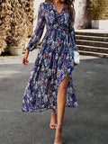 Momentlover Split-Joint Ruffled Flower Print Loose Long Sleeves Deep V-Neck Maxi Dresses