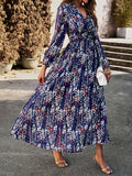 Momentlover Split-Joint Ruffled Flower Print Loose Long Sleeves Deep V-Neck Maxi Dresses