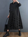 Momentlover Solid Color Polka-Dot Hollow Asymmetric Loose Long Sleeves Lapel Midi Dresses