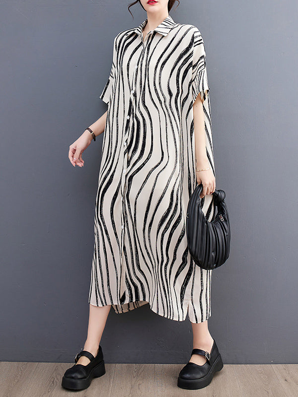 Momentlover Raglan Sleeve Oversize Zebra-Stripe Split-Joint Lapel Midi Dresses Shirt Dress