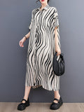 Momentlover Raglan Sleeve Oversize Zebra-Stripe Split-Joint Lapel Midi Dresses Shirt Dress