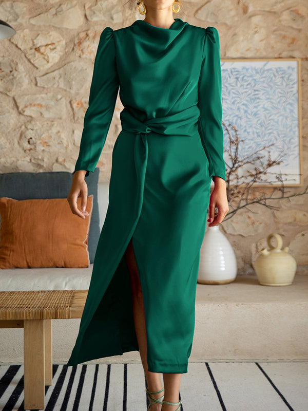 Momentlover Split-Front Solid Color Pleated Long Sleeves High Waisted Mock Neck Maxi Dresses