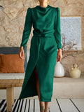 Momentlover Split-Front Solid Color Pleated Long Sleeves High Waisted Mock Neck Maxi Dresses