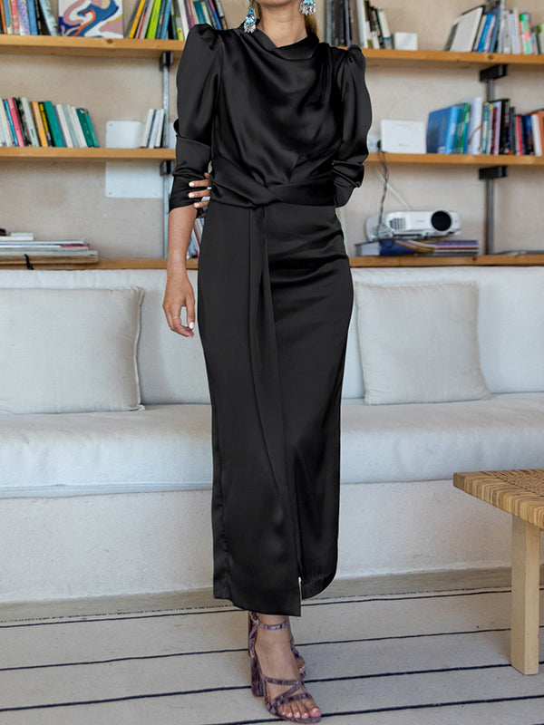 Momentlover Split-Front Solid Color Pleated Long Sleeves High Waisted Mock Neck Maxi Dresses