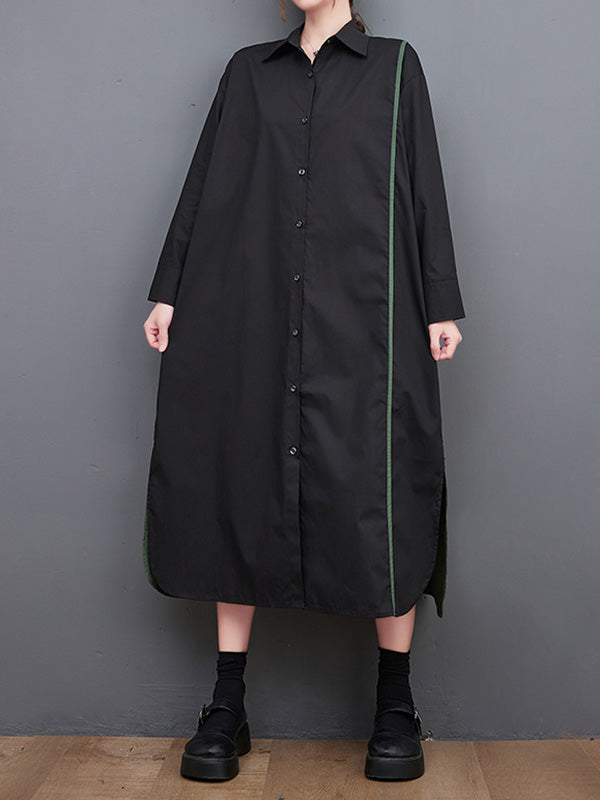 Momentlover Split-Side Split-Joint Buttoned Asymmetric Loose Long Sleeves Lapel Shirt Dress Midi Dresses