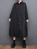 Momentlover Split-Side Split-Joint Buttoned Asymmetric Loose Long Sleeves Lapel Shirt Dress Midi Dresses