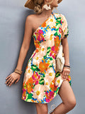 Momentlover Split-Joint Flower Print Short Sleeves Bishop Sleeve One-Shoulder Mini Dresses