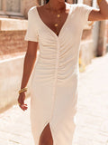 Momentlover Solid Color Pleated Buttoned Short Sleeves High Waisted Deep V-Neck Midi Dresses