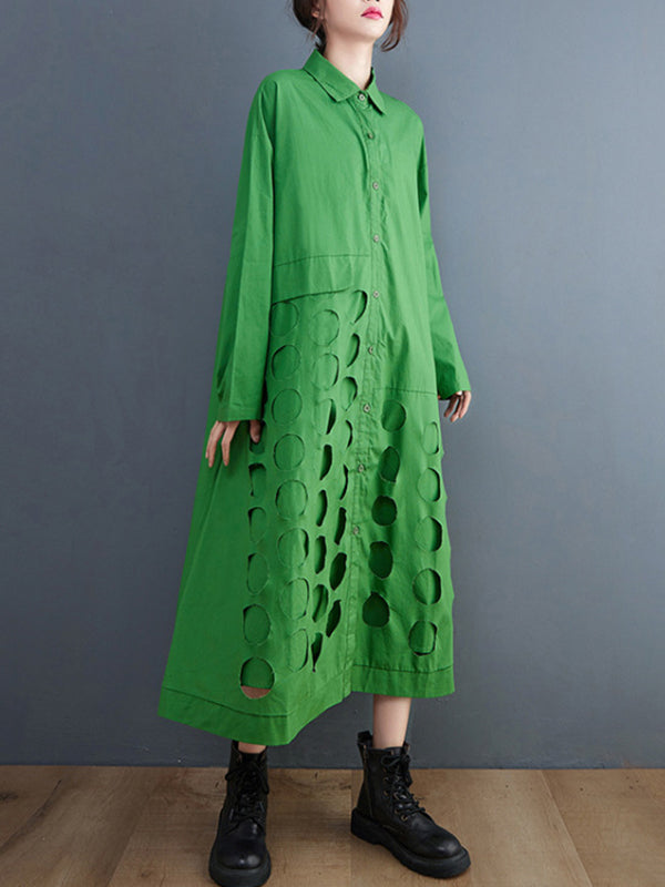 Momentlover Solid Color Polka-Dot Hollow Asymmetric Loose Long Sleeves Lapel Midi Dresses