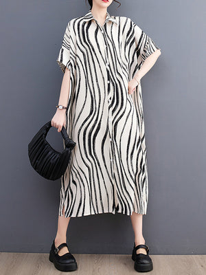 Momentlover Raglan Sleeve Oversize Zebra-Stripe Split-Joint Lapel Midi Dresses Shirt Dress