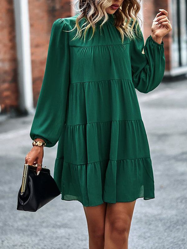 Momentlover Tied Split-Joint Solid Color Pleated Elasticity Long Sleeves High Waisted Mock Neck Mini Dresses