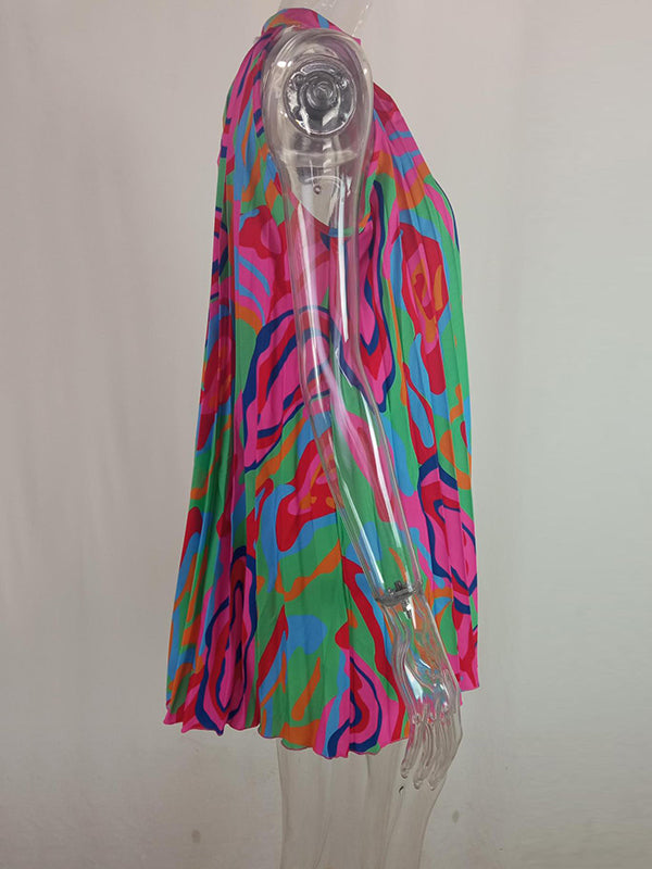 Momentlover Loose Plus Size Pleated Printed Halter-Neck Mini Dresses Short Dresses