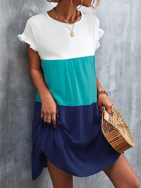 Momentlover Split-Joint Pleated Falbala Contrast Color Ruffle Sleeves Loose Round-Neck Mini Dresses