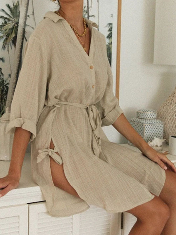 Momentlover Tied Waist Split-Side Solid Color Buttoned Loose Long Sleeves V-Neck Mini Dresses