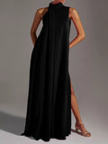 Momentlover Sleeveless Solid Color Split-Side Round-Neck Maxi Dresses