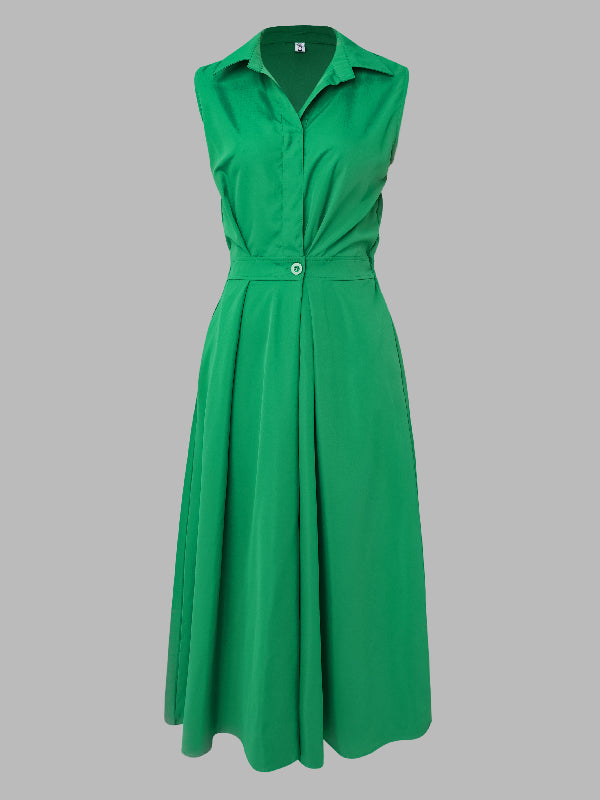 momentlover Sleeveless Solid Color Lapel Midi Dresses