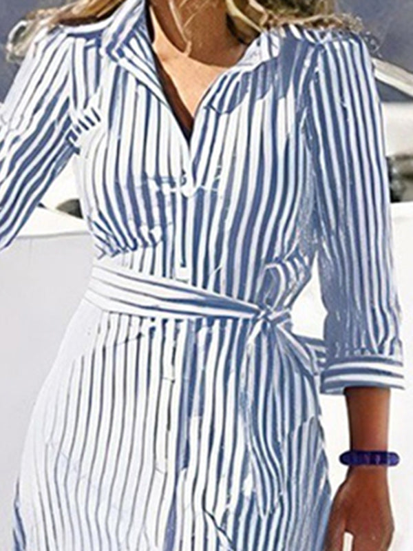 Momentlover Tied Waist Striped Buttoned Loose Long Sleeves V-neck Shirt Dress Maxi Dresses