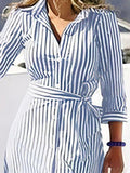 Momentlover Tied Waist Striped Buttoned Loose Long Sleeves V-neck Shirt Dress Maxi Dresses