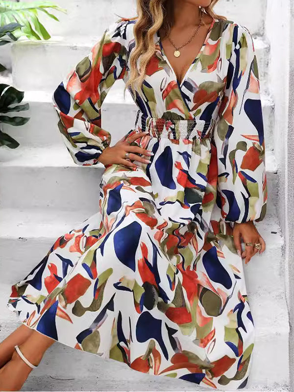 Momentlover Split-Joint Printed Elasticity Puff Sleeves Loose Deep V-Neck Midi Dresses