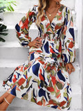 Momentlover Split-Joint Printed Elasticity Puff Sleeves Loose Deep V-Neck Midi Dresses