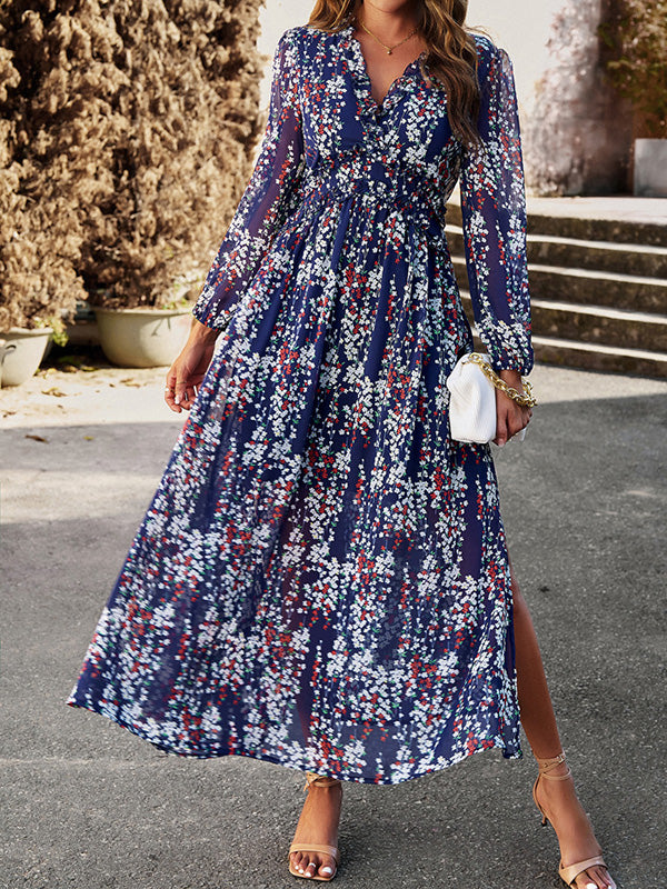 Momentlover Split-Joint Ruffled Flower Print Loose Long Sleeves Deep V-Neck Maxi Dresses
