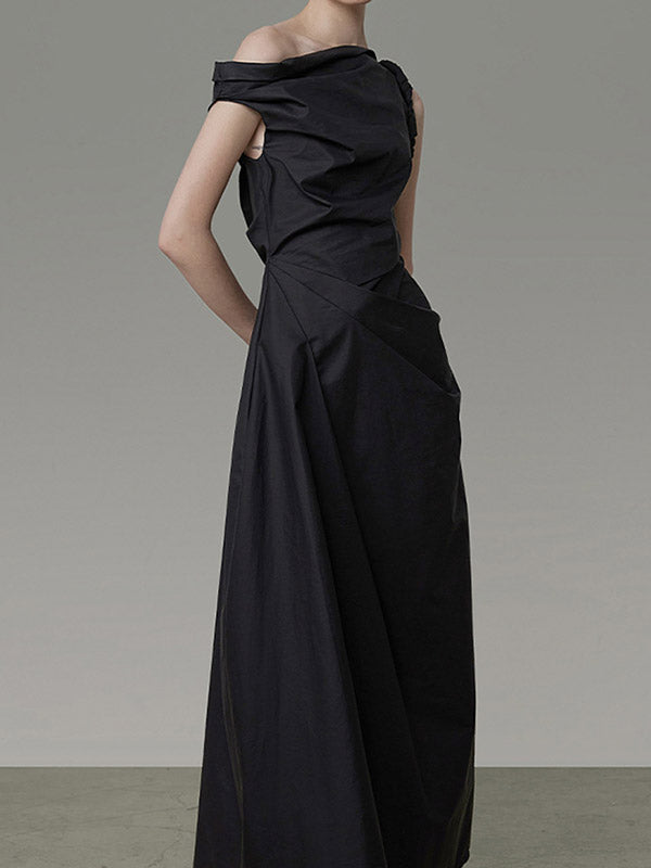 Momentlover Solid Color Asymmetric Sleeveless Loose One-Shoulder Midi Dresses