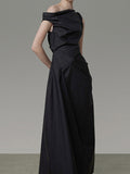 Momentlover Solid Color Asymmetric Sleeveless Loose One-Shoulder Midi Dresses
