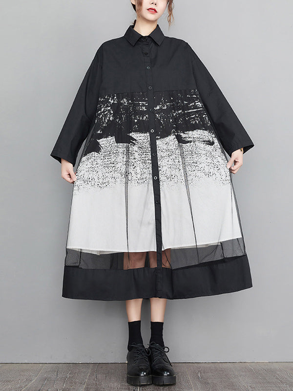 Momentlover Split-Joint Printed Gauze Buttoned Loose Long Sleeves Lapel Midi Dresses