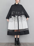 Momentlover Split-Joint Printed Gauze Buttoned Loose Long Sleeves Lapel Midi Dresses