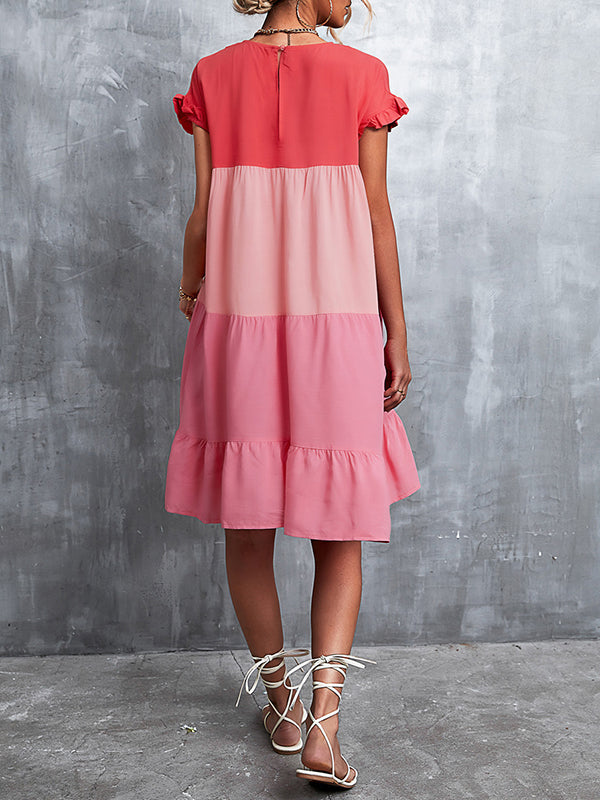 Momentlover Split-Joint Pleated Falbala Contrast Color Ruffle Sleeves Loose Round-Neck Mini Dresses