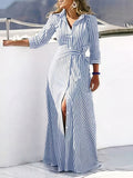 Momentlover Tied Waist Striped Buttoned Loose Long Sleeves V-neck Shirt Dress Maxi Dresses