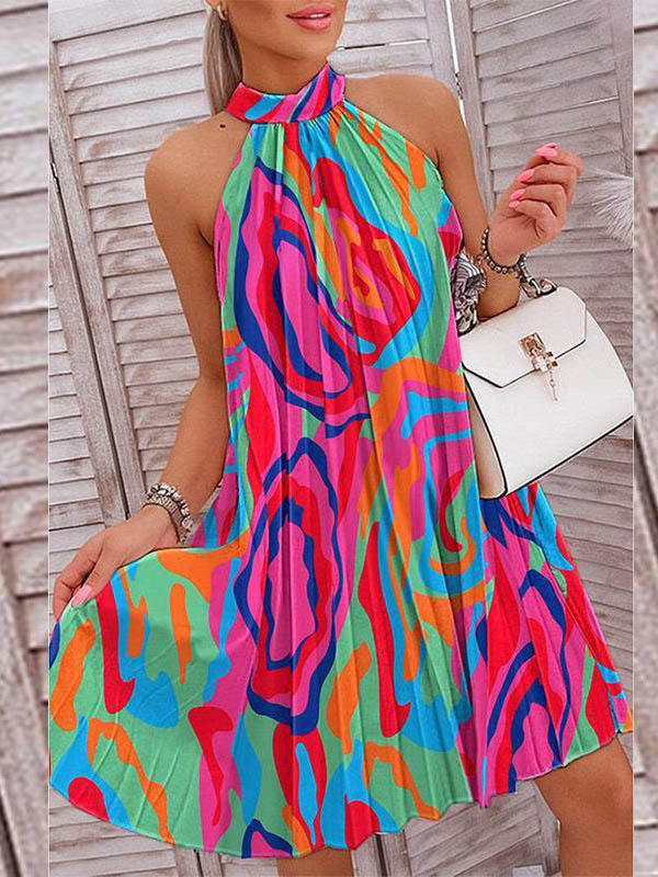 Momentlover Loose Plus Size Pleated Printed Halter-Neck Mini Dresses Short Dresses