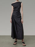 Momentlover Solid Color Asymmetric Sleeveless Loose One-Shoulder Midi Dresses
