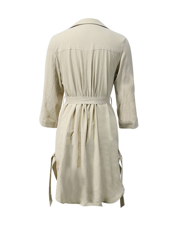 Momentlover Tied Waist Split-Side Solid Color Buttoned Loose Long Sleeves V-Neck Mini Dresses