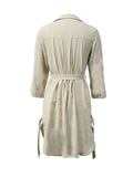 Momentlover Tied Waist Split-Side Solid Color Buttoned Loose Long Sleeves V-Neck Mini Dresses