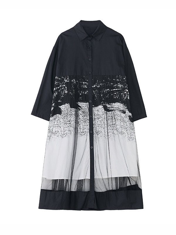 Momentlover Split-Joint Printed Gauze Buttoned Loose Long Sleeves Lapel Midi Dresses