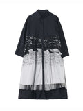 Momentlover Split-Joint Printed Gauze Buttoned Loose Long Sleeves Lapel Midi Dresses