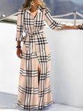 Momentlover Tied Waist Plaid Buttoned Loose Long Sleeves V-Neck Shirt Dress Maxi Dresses