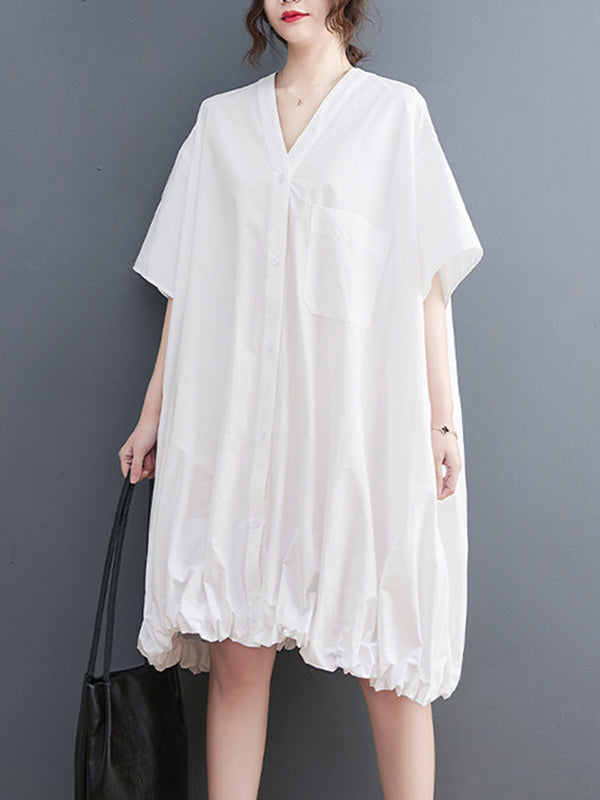 Momentlover Solid Color Short Sleeves Loose V-neck Midi Dresses