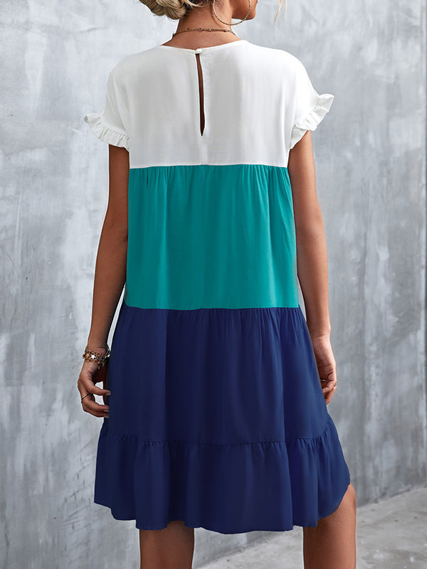 Momentlover Split-Joint Pleated Falbala Contrast Color Ruffle Sleeves Loose Round-Neck Mini Dresses