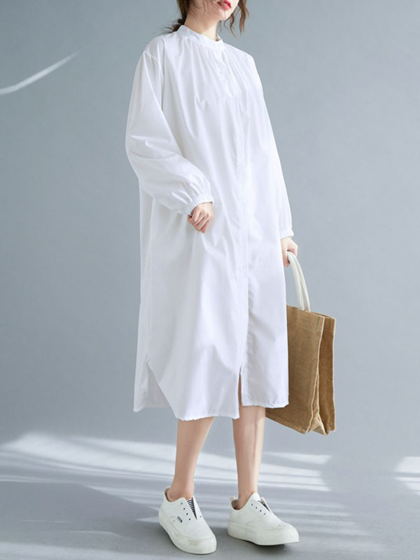 Momentlover Split-Side Elasticity Buttoned Loose Long Sleeves Mock Neck Shirt Dress Midi Dresses