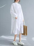 Momentlover Split-Side Elasticity Buttoned Loose Long Sleeves Mock Neck Shirt Dress Midi Dresses