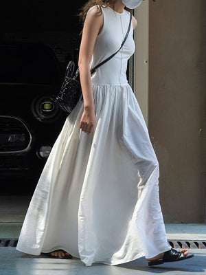 Momentlover Split-Joint Solid Color Pleated Sleeveless Loose Round-Neck Maxi Dresses