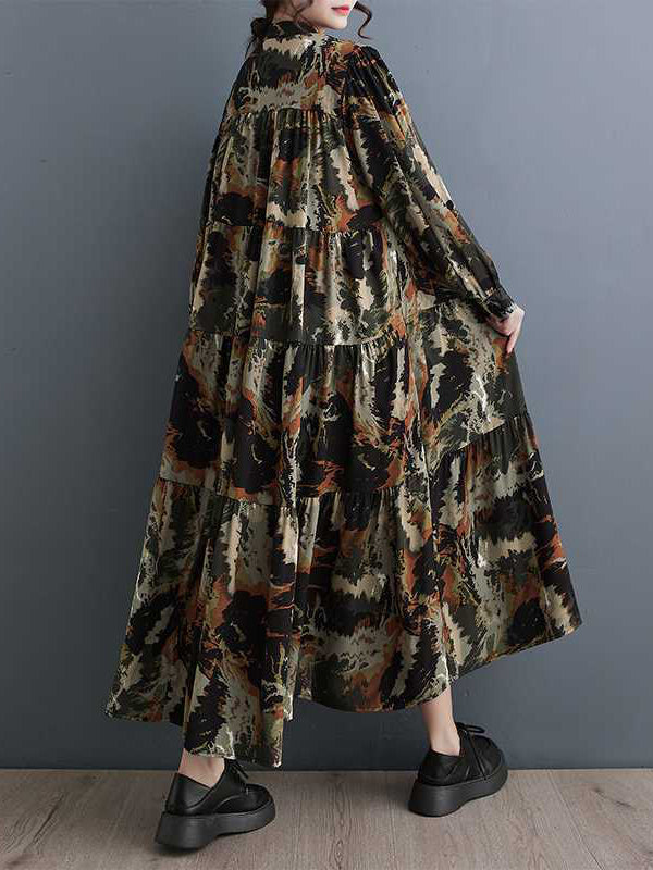 Momentlover Split-Joint Printed Pleated Loose Long Sleeves Round-Neck Midi Dresses