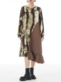 Momentlover Split-Joint Ruffled Contrast Color Asymmetric Loose Long Sleeves Round-Neck Midi Dresses