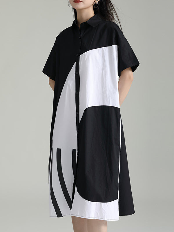 Momentlover Split-Joint Contrast Color Asymmetric Short Sleeves Loose Lapel Shirt Dress Midi Dresses