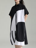 Momentlover Split-Joint Contrast Color Asymmetric Short Sleeves Loose Lapel Shirt Dress Midi Dresses