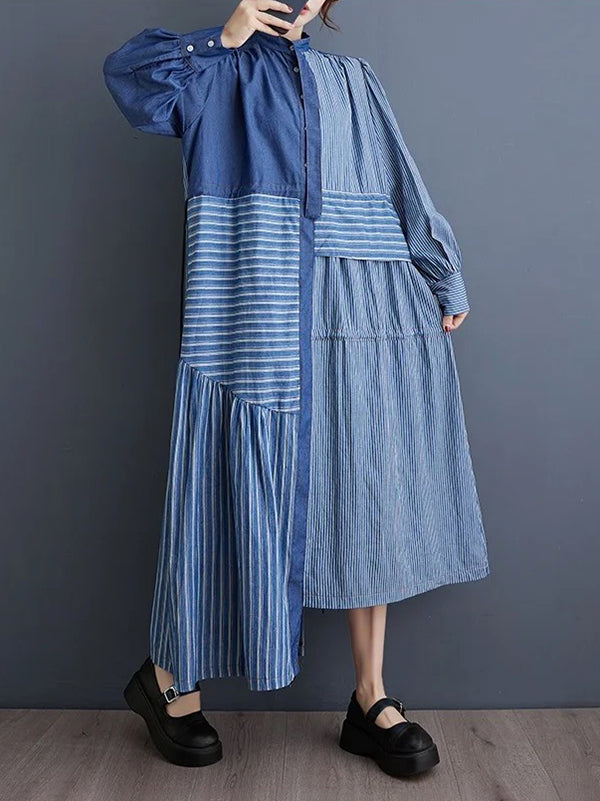 Momentlover Tied Waist Striped Split-Joint Contrast Color Buttoned Asymmetric Loose Long Sleeves Mock Neck Midi Dresses