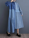 Momentlover Tied Waist Striped Split-Joint Contrast Color Buttoned Asymmetric Loose Long Sleeves Mock Neck Midi Dresses